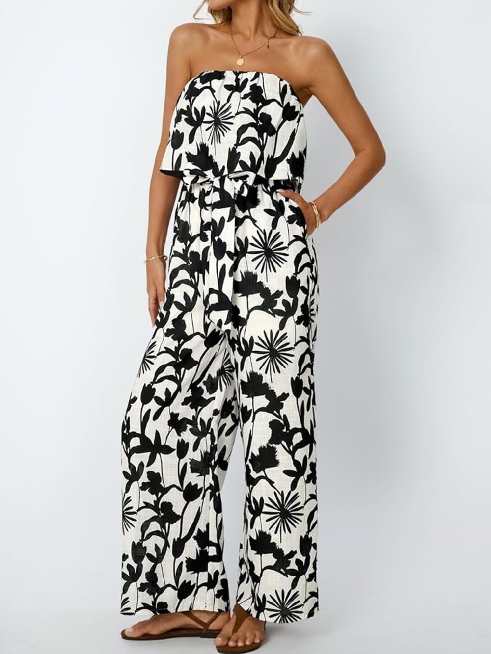 Strapless Black & White Floral Jumpsuit Dress with Tie Waist